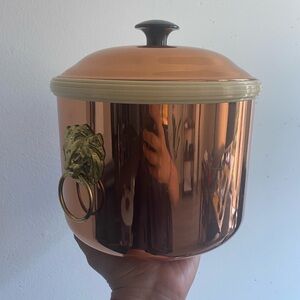 Vintage Lidded Copper Ice Bucket with Brass Lion Handles